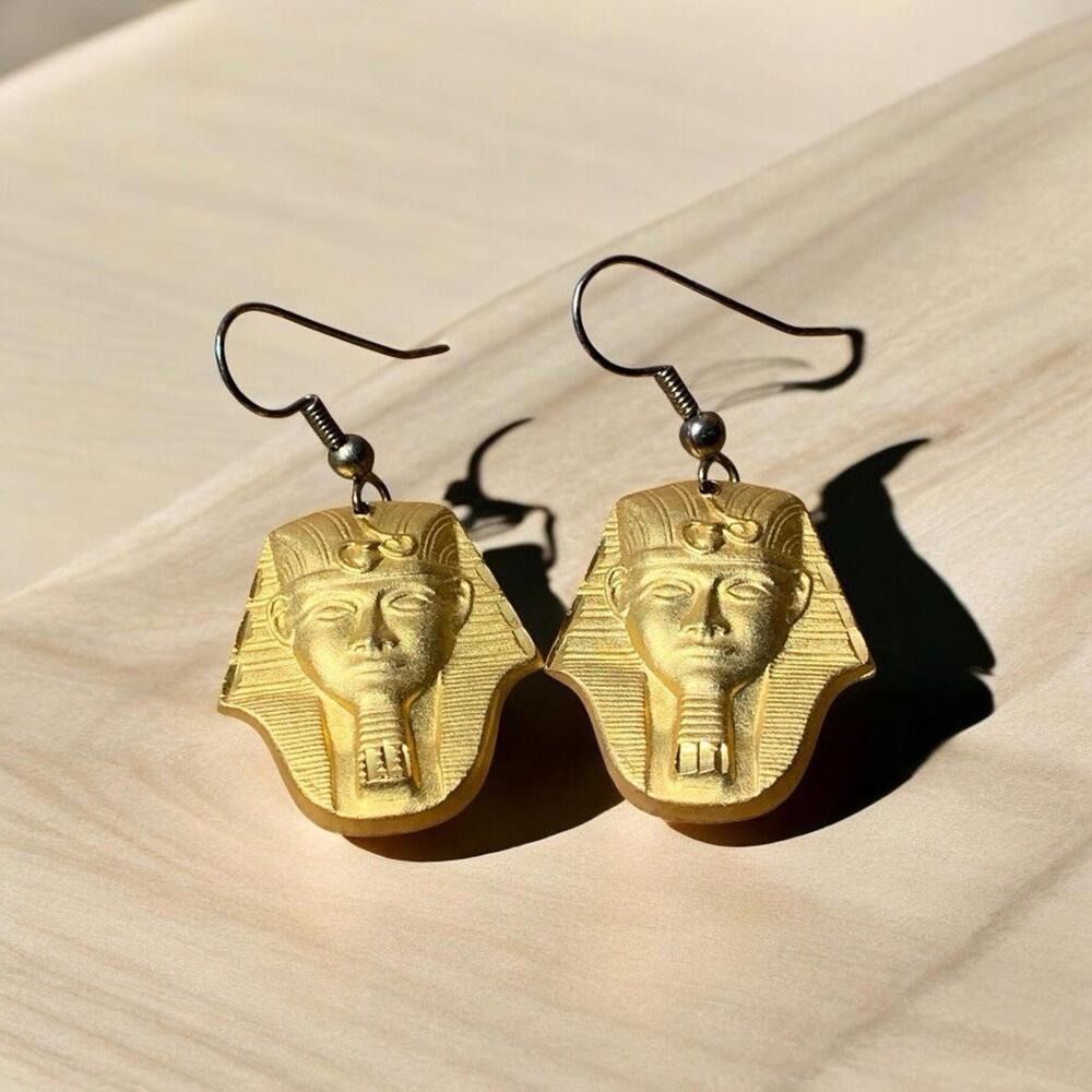 Vintage Egyptian Revival Gold Tone Pharoah Hook Earrings